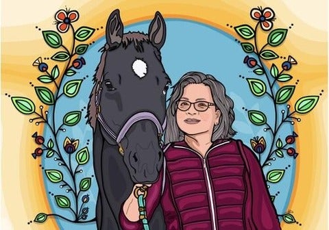 Artistic drawing of Lenore Keeshig and her horse