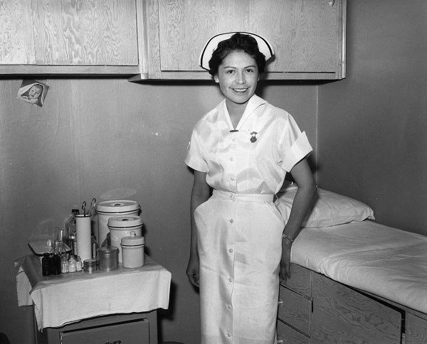 black and white image of nurse