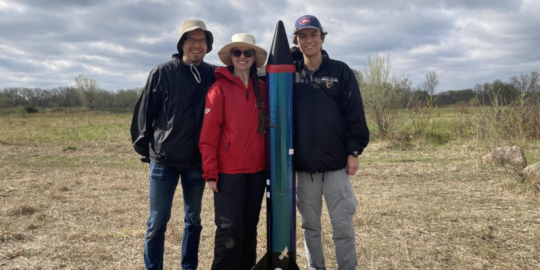 Andrew Milne, Naomi Paul and Matthieu Lavallee with their rocket. Photo provided by Andrew Milne