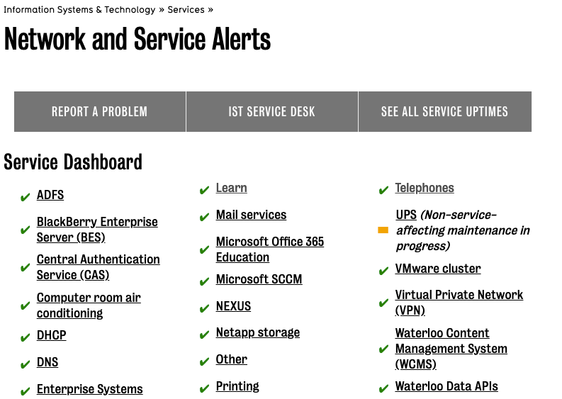 Screen shot of Network and Service Alerts page