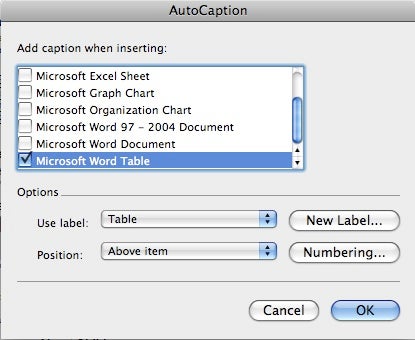 Autocaption options box