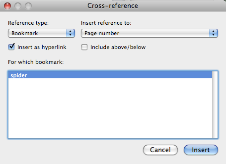 Cross reference options box for bookmarks