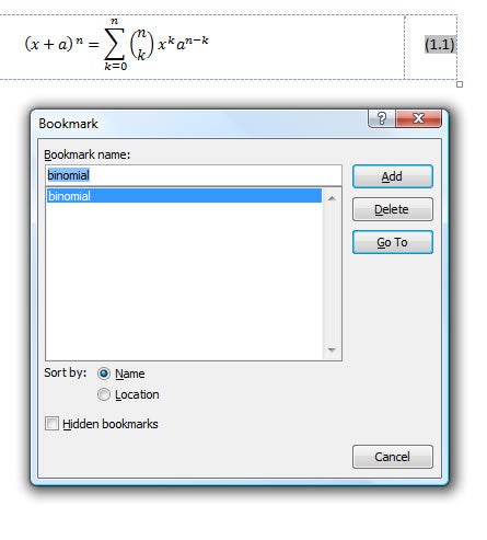 Insert bookmark on equatio number option box