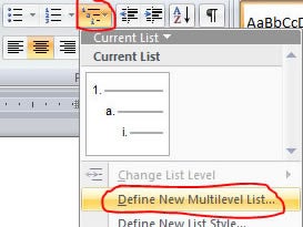 Define new multilevel list option