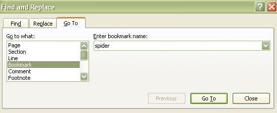 Find and replace for bookmarked name option box