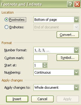 Footnootes/endnotes option box