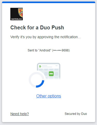 Approve Duo prompt using the Duo Push feature, or click "Other options" to approve the prompt using an alternative option