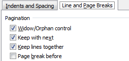 Line and page breaks options box