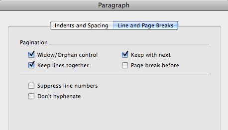 Line and page break options box