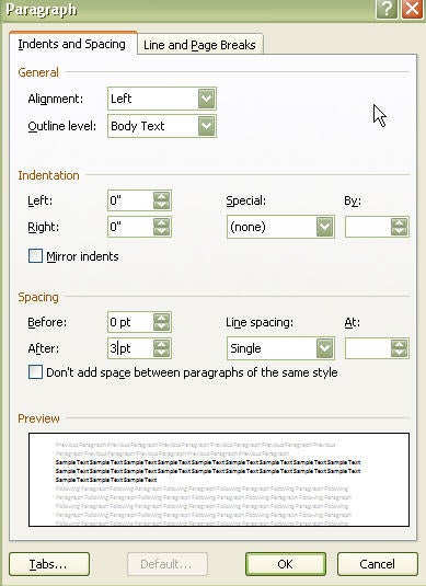 paragraph spacing options box