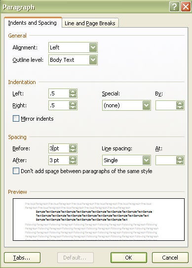 paragraph formatting options box