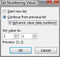 Set numbering value option box
