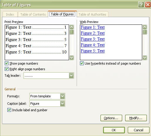 insert table of figures option box