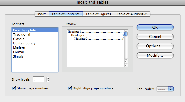Table of Contents options box
