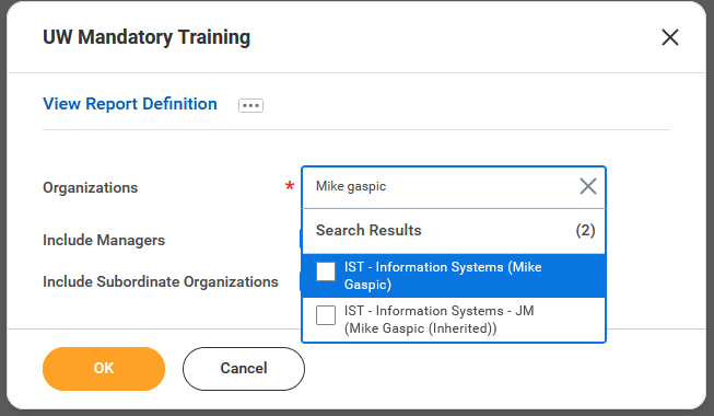 Organization field with manager name