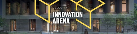 Rendering of the Innovation Arena with white text