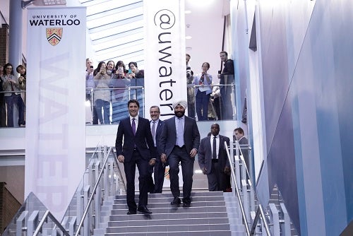 Justin Trudeau walking down the stairs of the Science Teaching Complex