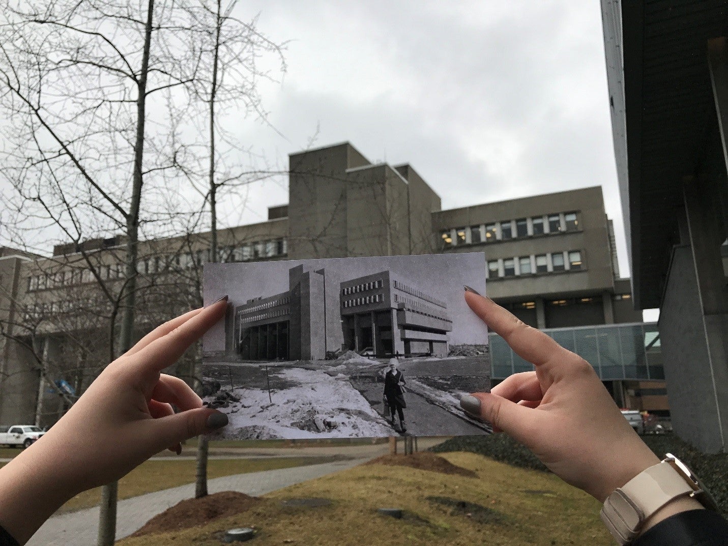 photo of Mathematics and Computer building in 1968 in front of Mathematucs and Computing building in 2017