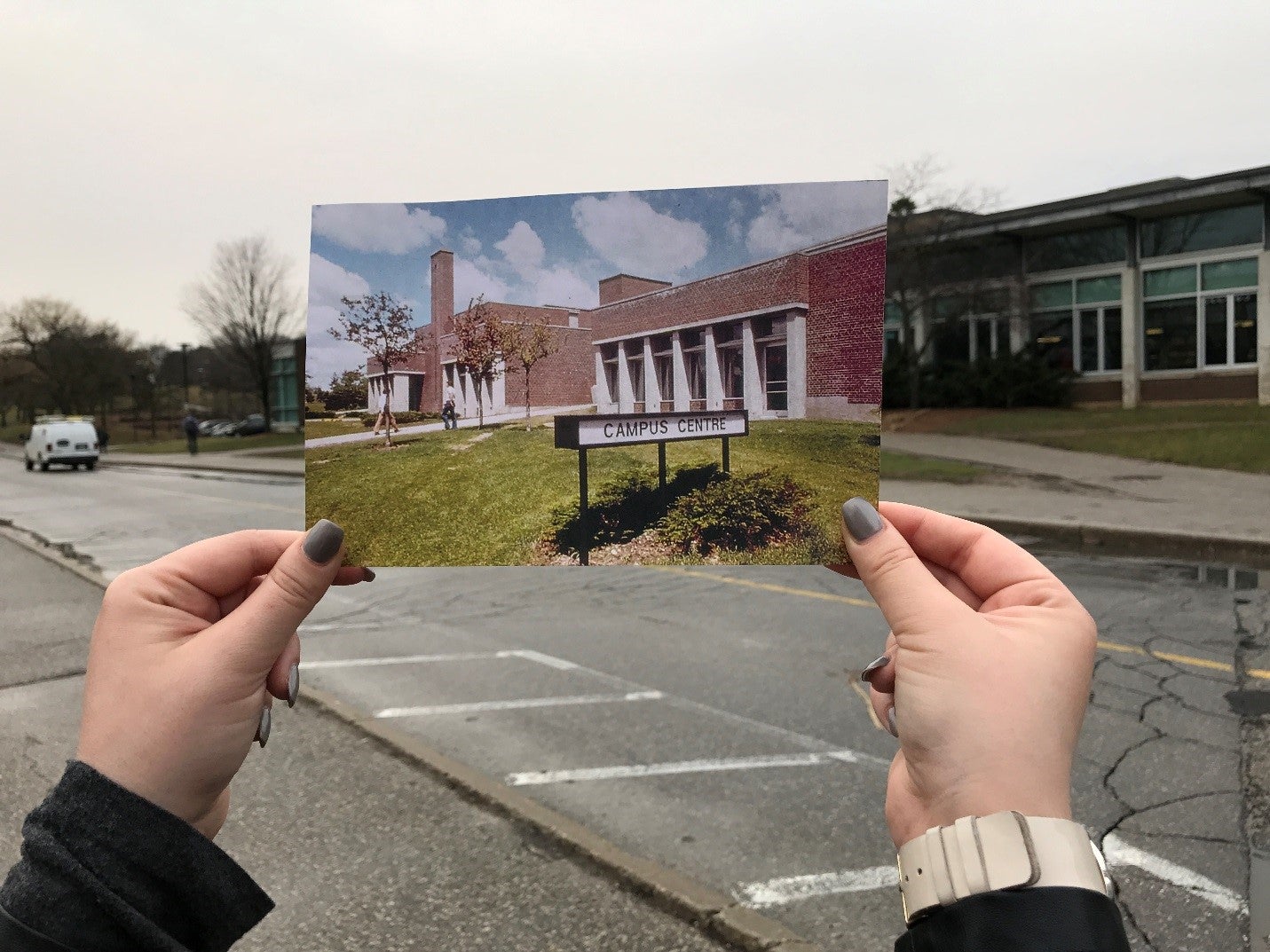Photo of Student Life Centre in 1977 in front of the Student Life Centre in 2017