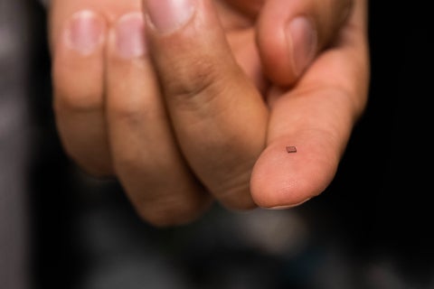 A 2.5 mm square diamond placed on a fingertip