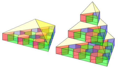 Left side: A triangle arrangement of smaller hexagonal prisms, all connected by a triangular based pyramid cap. Right side: A stacked variation of the previous arrangement with three different layers of hexagonal prisms, all connected by a capped pyramid point