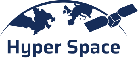 Blue HyperSpace logo of satellite connecting Canada and Europe in a globe-like shape