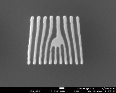 Image prise au microscope électronique à balayage d'un réseau de diffraction en silicium ressemblant à une fourchette, utilisé pour induire un moment angulaire orbital dans un faisceau de neutrons.