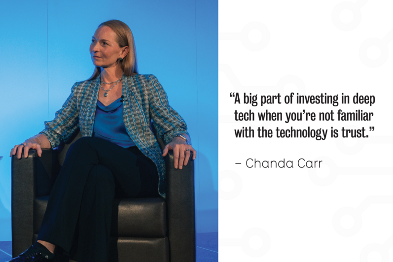 A photo of Chanda Carr with a quote: “A big part of investing in deep tech when you’re not familiar with the technology is trust.” 
