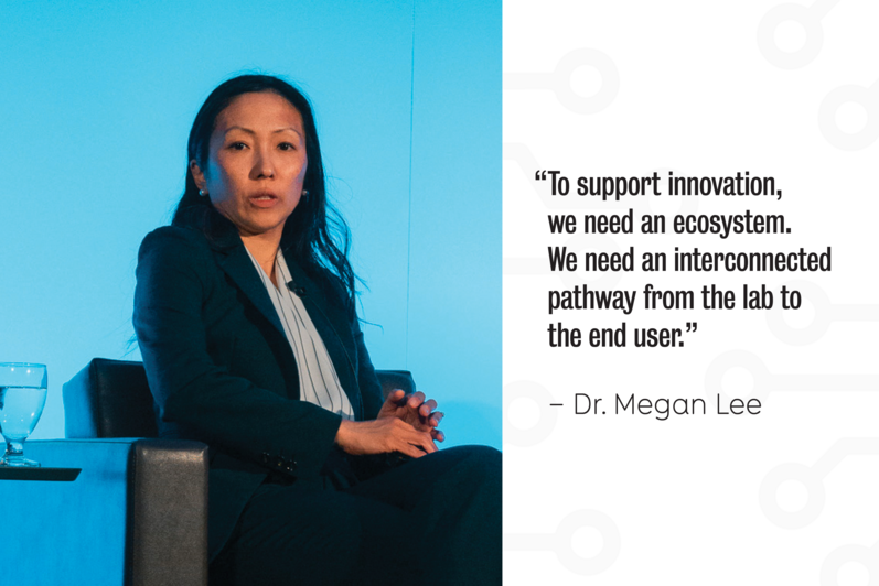A photo of Dr. Megan Lee with the quote:  “To support innovation, we need an ecosystem. We need an interconnected pathway from the lab to the end user.”