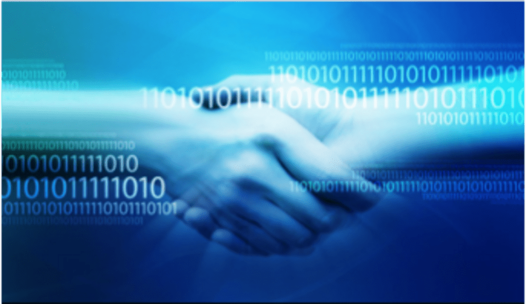 Image of hands shaking over 0s and 1s to represent bits of information