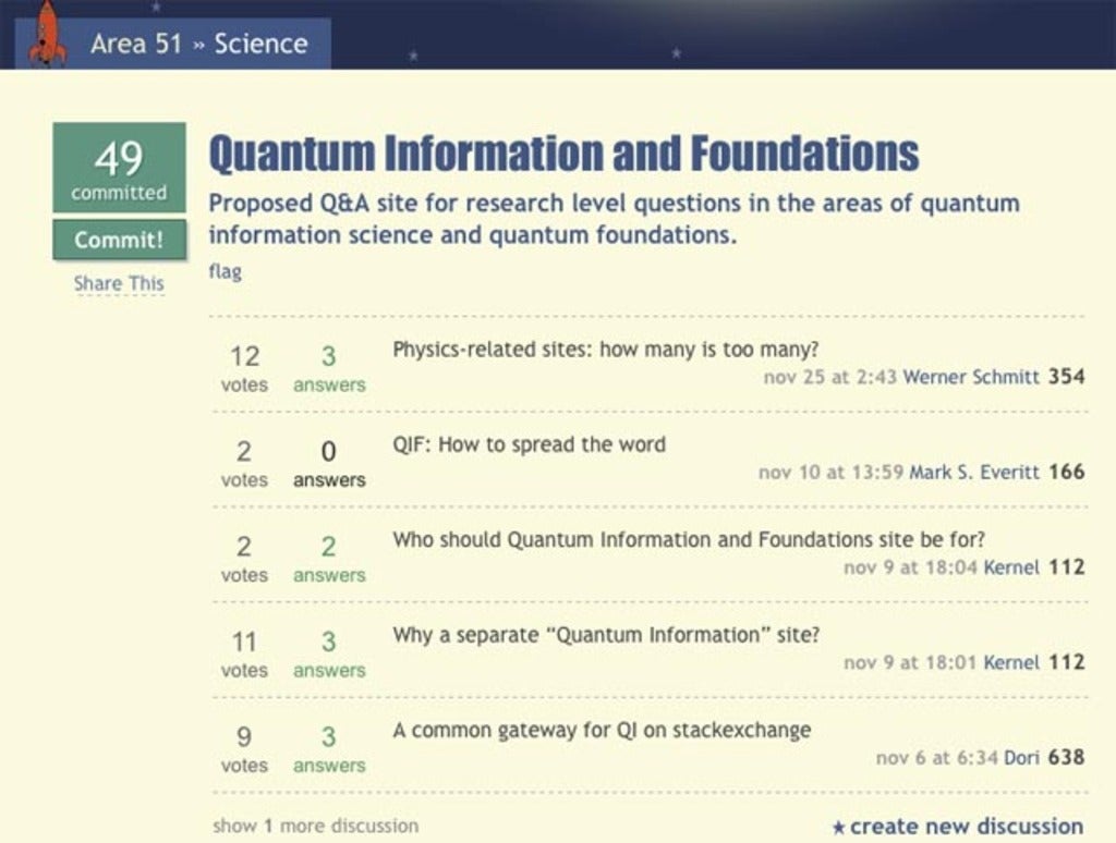 Screenshot of the "staging area" of the quantum information Stack Exchange site 
