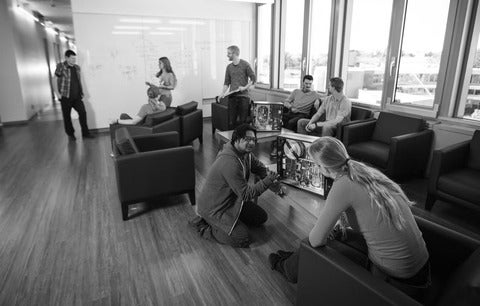 A group of students working inside a mind space at the Lazaridis Centre