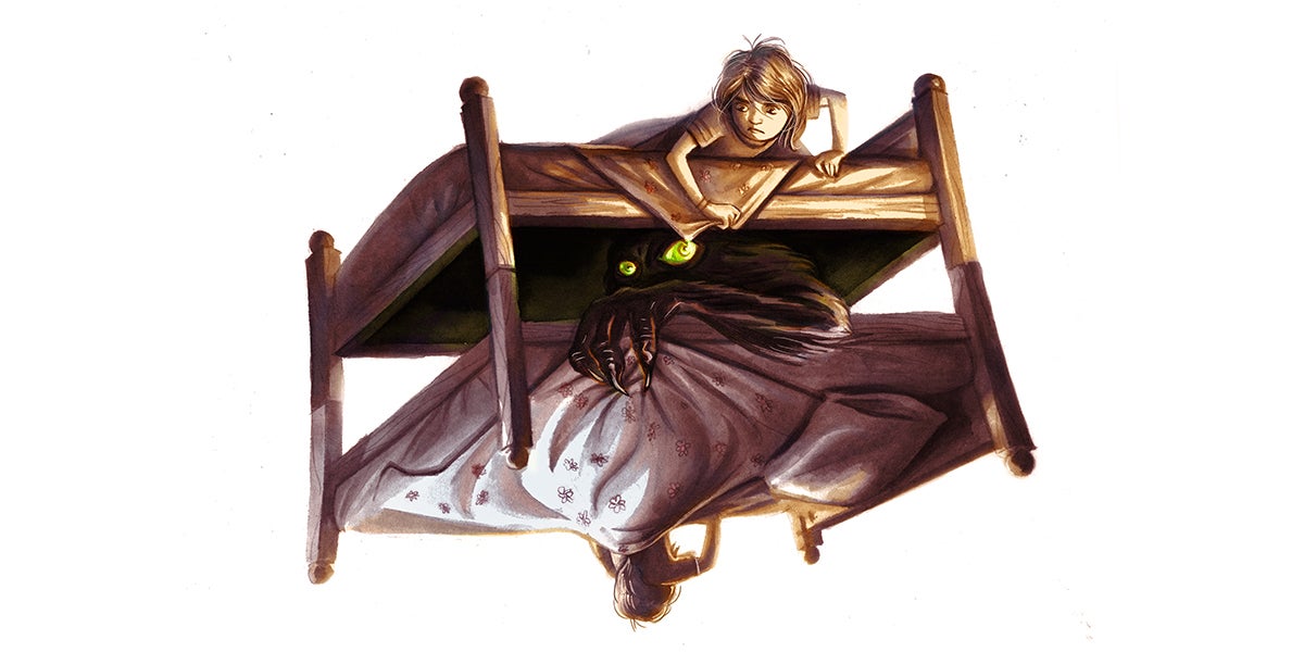 Illustration of a young child in bed with a monster below it