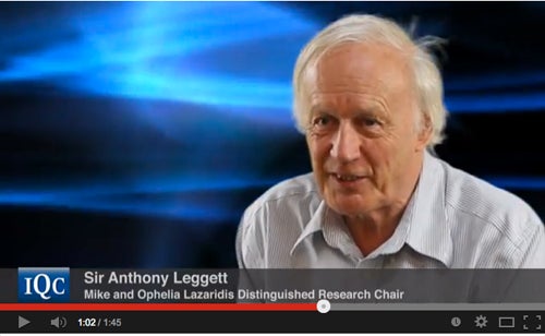 Screenshot of an Anthony Leggett video. Caption reads: Sir Anthony Leggest, Mike and Ophelia Lazaridis Distinguished Research Chair