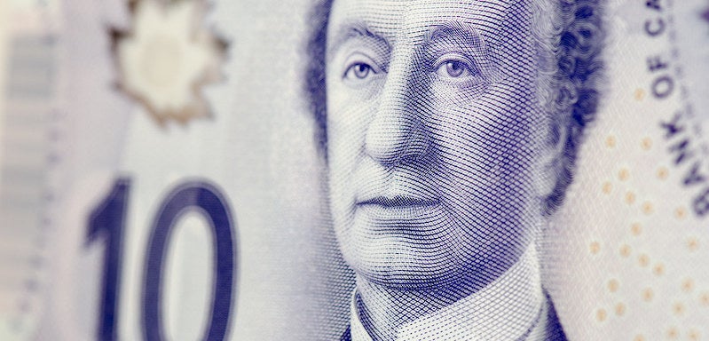 A Canadian ten-dollar bill has an interference signature hidden in the maple leaf shown here. Shine a laser through it to see the pattern, or look at a distant light bulb through it.