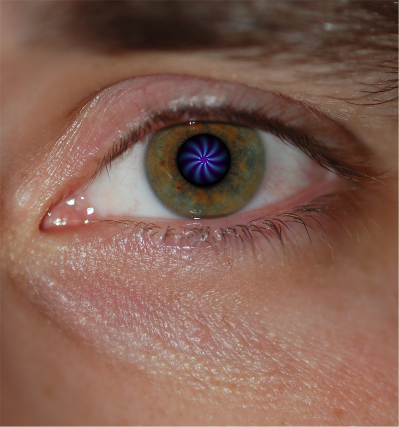 Human eye with spiraling light in the pupil.
