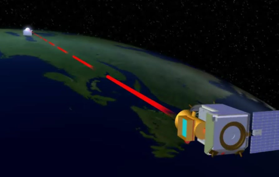 Illustration of a quantum satellite connecting with a ground station