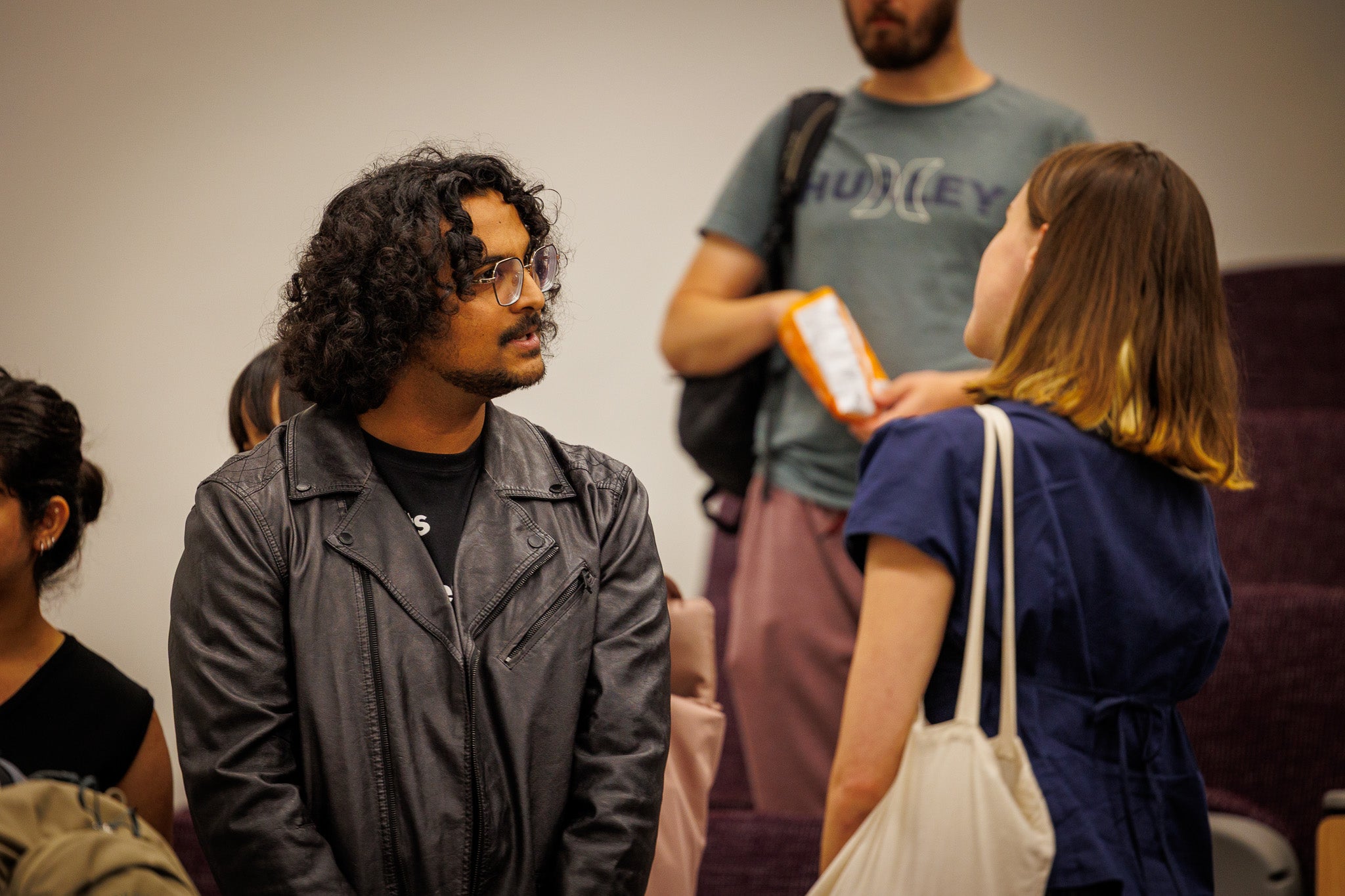 A man and woman talking