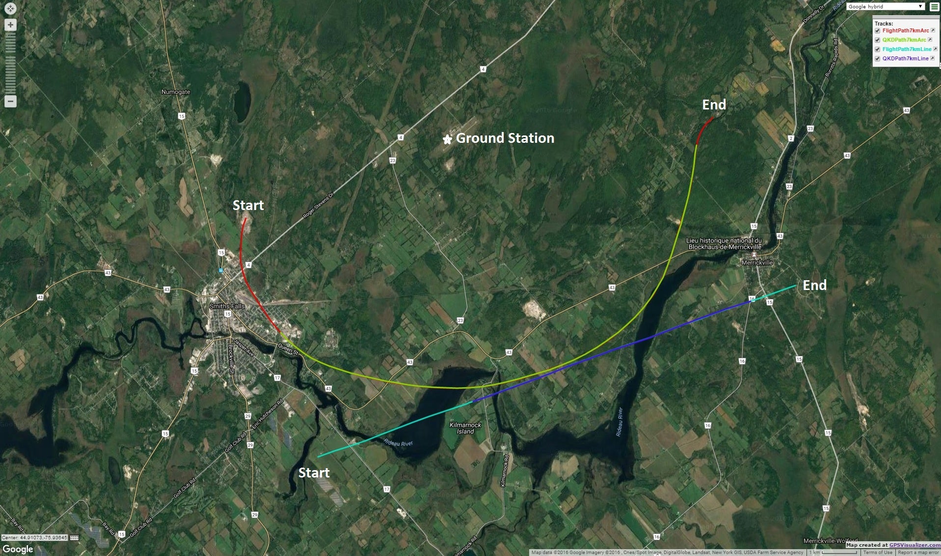 Flight paths for the 7km arc and line, followed from left to right. The star indicates the location of the ground station at Smith Falls{Montague Airport. The inner portions represent where the quantum link was active. Photo produced using GPSVisualizer.com, map data c 2016 Google, imagery c 2016 Cnes/Spot Image, DigitalGlobe, Landsat, New York GIS, USDA Farm Service Agency. 