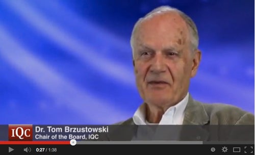 Screenshot of a video of Tom Brzustowki. Caption reads: Dr. Tom Brzustowski, Chair of the Board, IQC