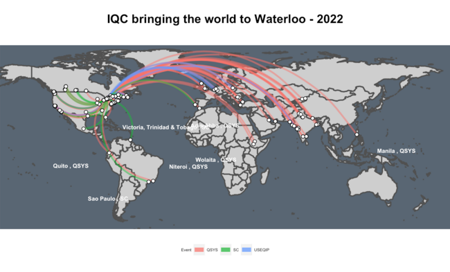 A map of the world titled "IQC bringing the world to Waterloo -2022" showing the 24 countries from which IQC outreach participants came. 