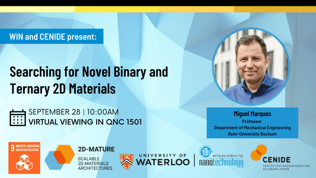 Ad for WIN & CENIDE Seminar Series on 2D-MATURE: Searching for Novel Binary and Ternary 2D Materials