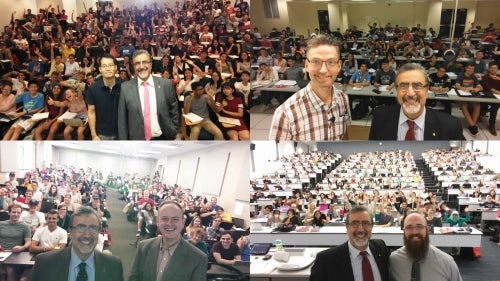 Collage of 4 selfies featuring President Feridun Hamdullahpur and classrooms of students.