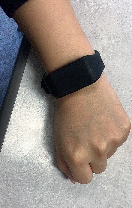 Photo of wrist temperature wristband worn on arm
