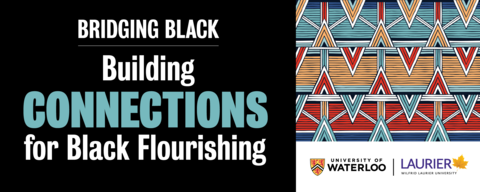 Graphical element with lines and arrows in orange, teal, dark orange, and blue, with a southwestern feel and the text "Bridging Black: Building Connections for Black Flourishing"