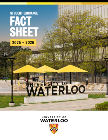 A "University of Waterloo" sign underneath the title "Student Exchange - Fact Sheet 2025-2026"