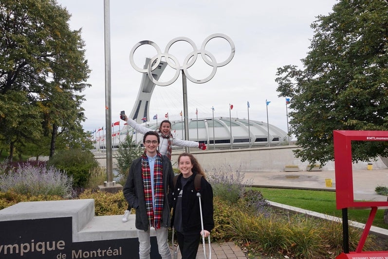 Cathal and friends posing in front of Olympic Park in Montreal.