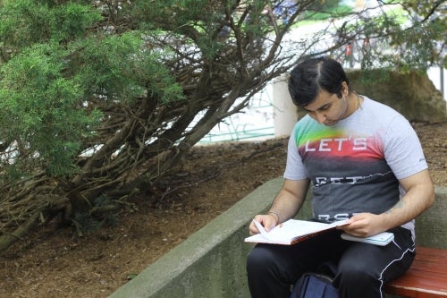 Abhishek reading in the rock garden.