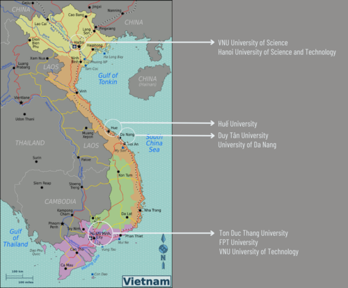 Map of Vietnam marked with the institutions visited during the trip
