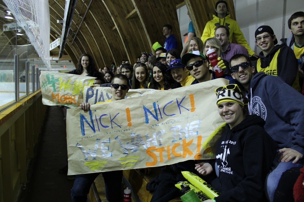 Spectators holding signs at hockey game